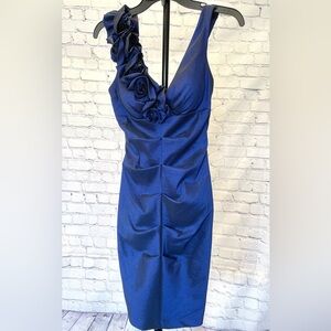 Xscape Royal Blue One-Shoulder Rosette Sheath Dress